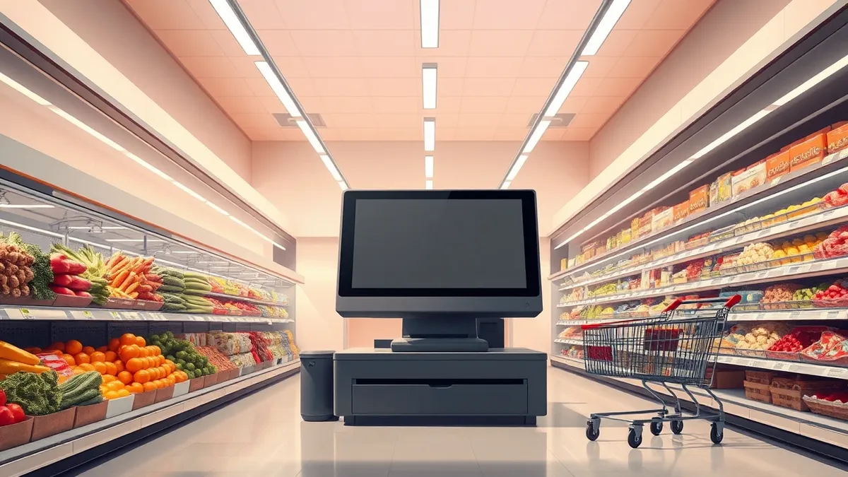Illustration: A checkout counter in a brightly lit supermarket aisle sits empty, the cash register screen dark and powered down.