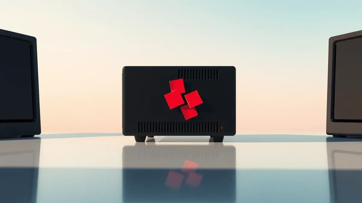 Illustration: A sleek black network appliance sits on a polished desk.
