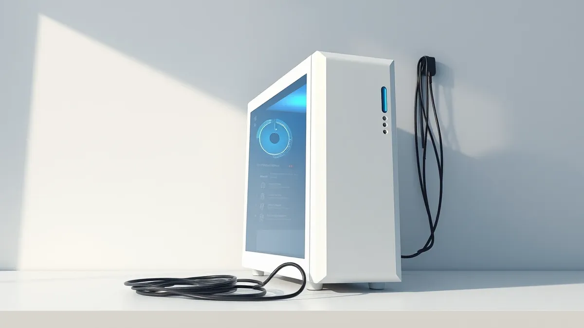 Illustration: A sleek white computer tower sits on a clean desk, its front panel glowing with soft blue status lights.