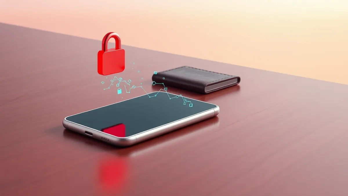 Illustration: A sleek silver smartphone rests on a polished wooden desk next to a thick leather wallet.