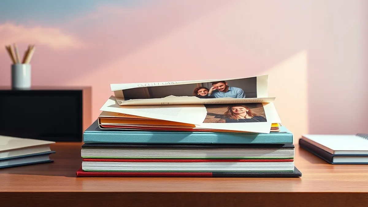 Illustration: A stack of colorful photograph books sits neatly on a wooden desk, their covers slightly warped and peeling at the edges to reveal raw, unprocessed paper layers under