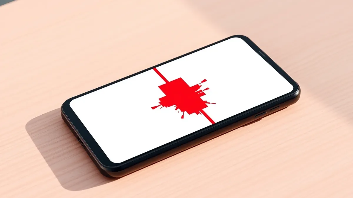 Illustration: A sleek black smartphone rests on a wooden desk, its screen displaying a blank white grid of empty rectangular tiles.