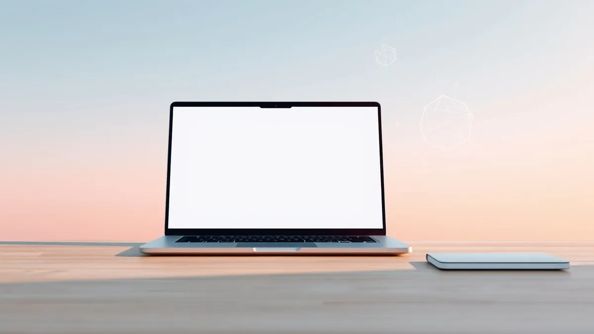 Illustration: A sleek silver laptop sits on a wooden desk with its screen open, displaying a row of blank application icons arranged in a grid.