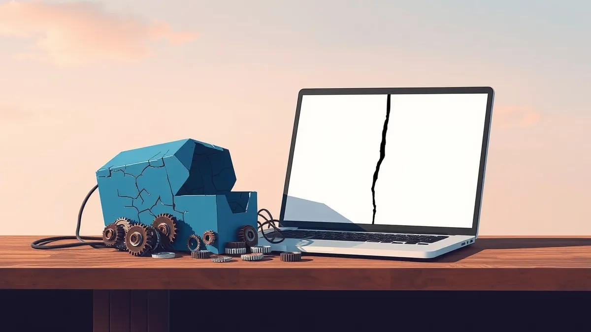 Illustration: A cracked blue plugin box spills scattered gear wheels and tangled wires onto a wooden desk surface next to an open laptop.