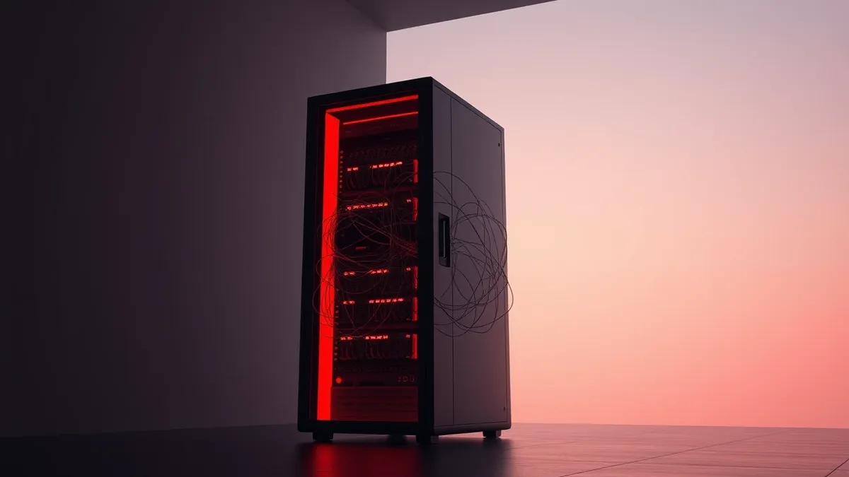Illustration: A sleek, modern server cabinet stands alone in a dim room, its blank front panels reflecting faint red light.