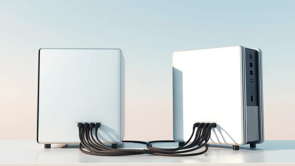 Illustration: Two sleek silver desktop computers sit side by side on a clean white desk.