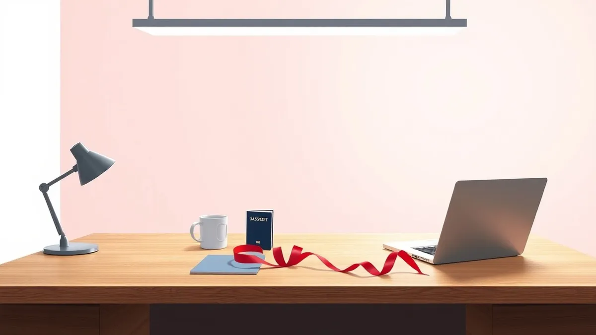 Illustration: An empty office desk sits under bright fluorescent lights, holding a blank passport and a dormant laptop beside a coffee mug.
