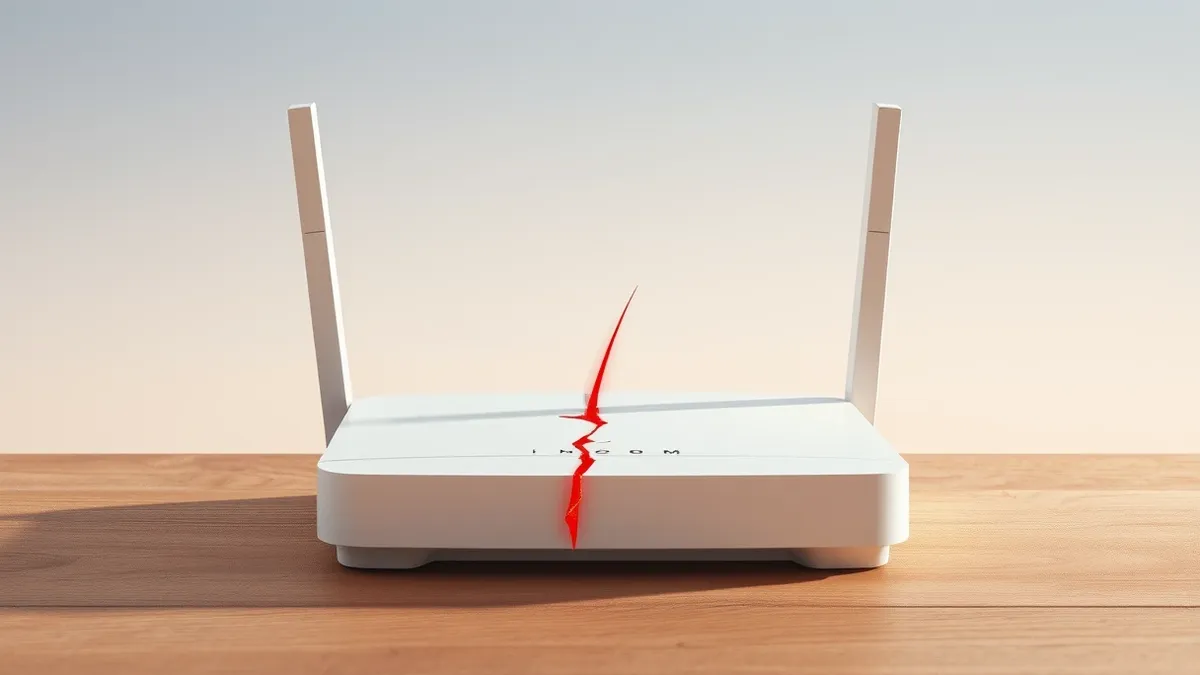 Illustration: A white home wireless router sits on a wooden table with its antenna upright.