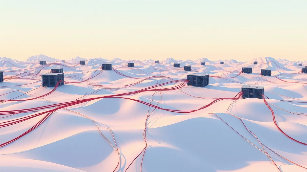 Illustration: A vast network of optical fiber cables stretches across a stylized landscape, connecting separate high-performance computing clusters.