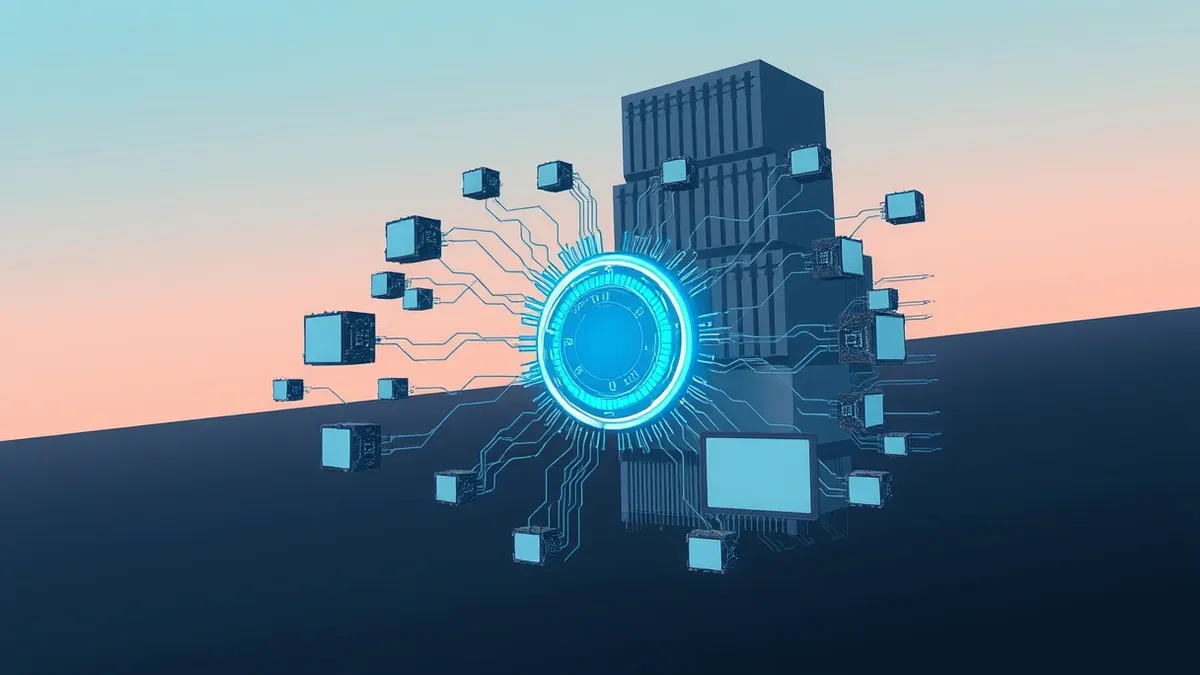 Illustration: A sleek artificial intelligence assistant interface floats in a dark void, its core pulsing with vibrant blue energy.