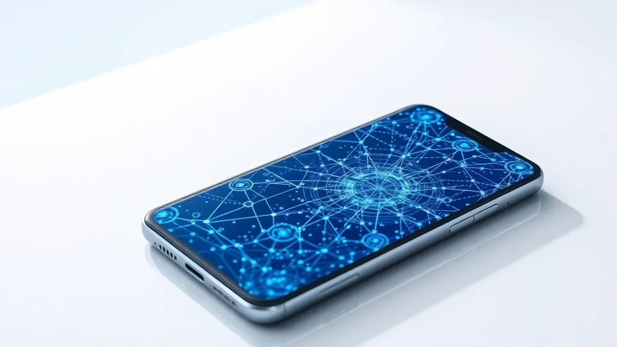 Illustration: A sleek smartphone lies flat on a clean white surface, its screen displaying a dense, intricate web of glowing abstract nodes and connections.