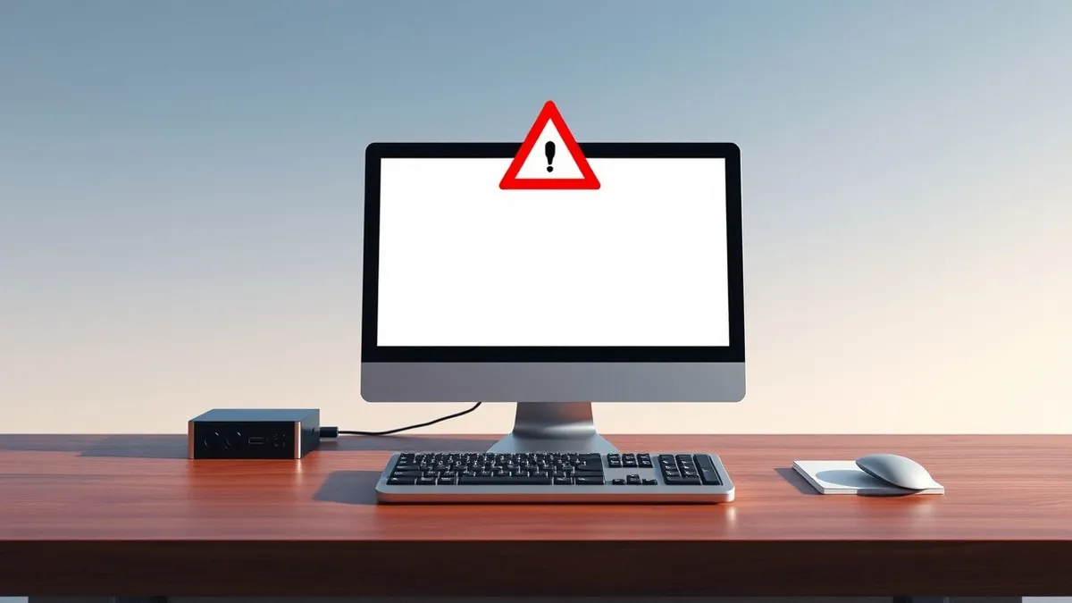 Illustration: A generic desktop computer sits on a wooden desk with its monitor displaying a blank white screen.