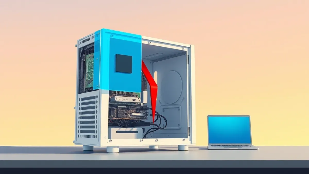 Illustration: A white server tower sits on a gray desk with its side panel removed to expose internal circuit boards.