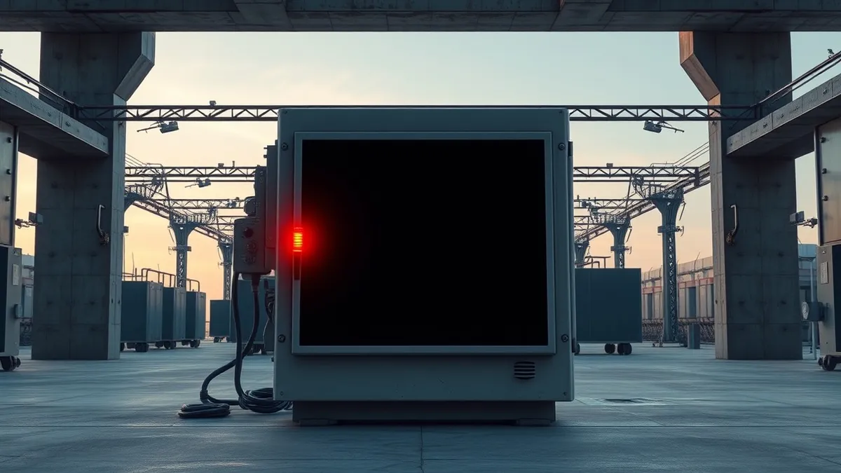 Illustration: A rugged industrial control panel sits in a concrete substation, its blank display screen reflecting the harsh overhead lights.
