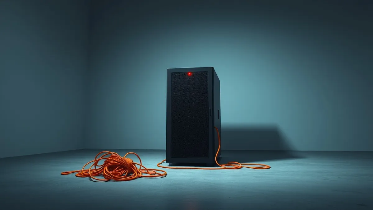 Illustration: A sleek black server unit sits alone in a dimly lit room.
