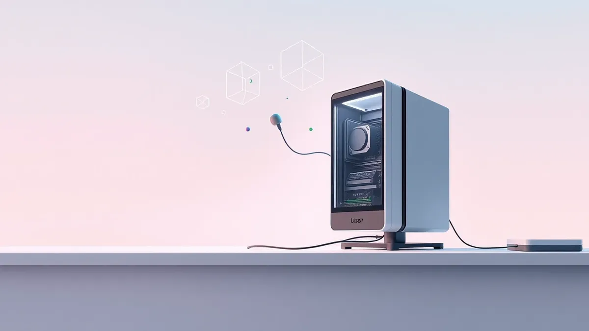 Illustration: A sleek desktop computer with a large side panel sits on a clean white desk, connected to a power cable.