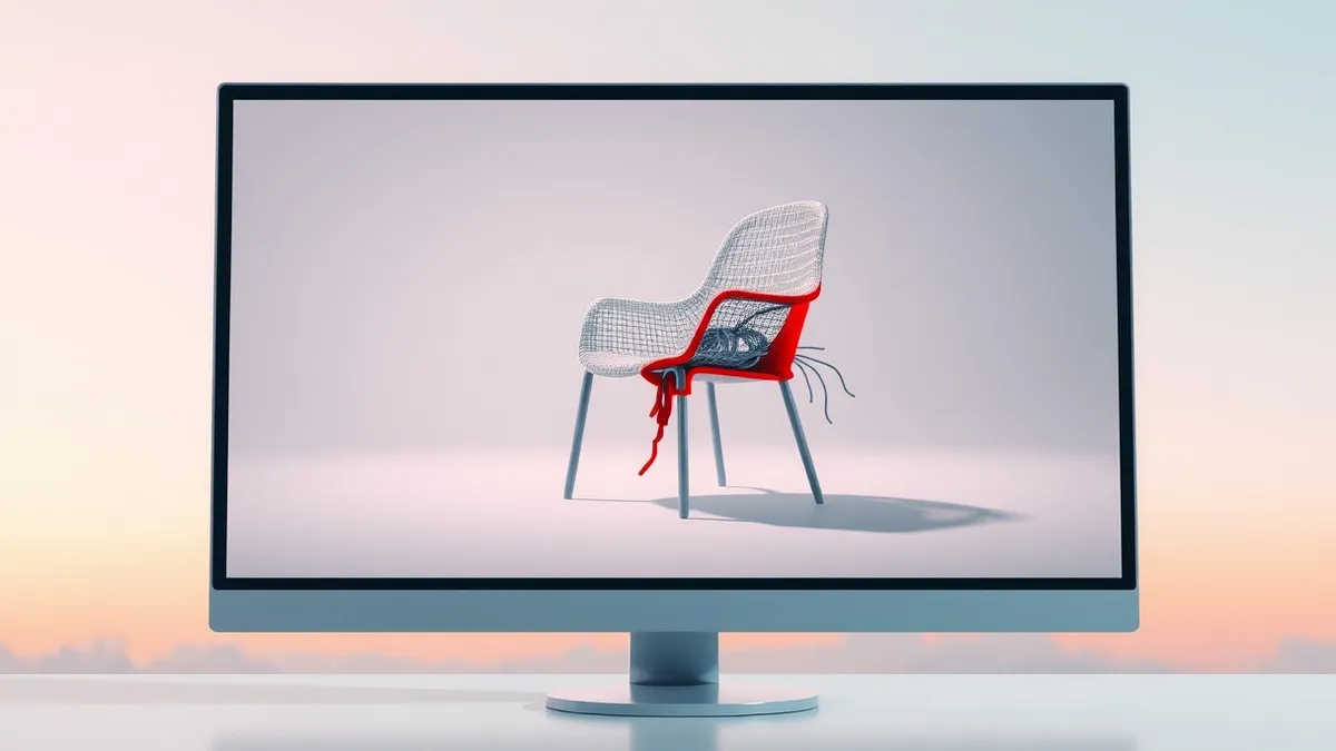 Illustration: A blank computer monitor displays a wireframe model of a chair being rotated in three dimensions.