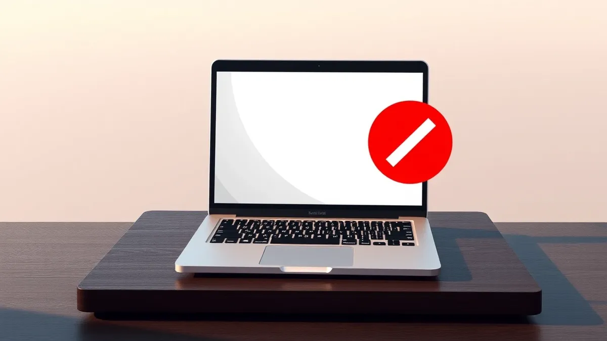 Illustration: A sleek silver laptop sits open on a dark wooden desk, its screen displaying a blank interface with subtle abstract geometric patterns.