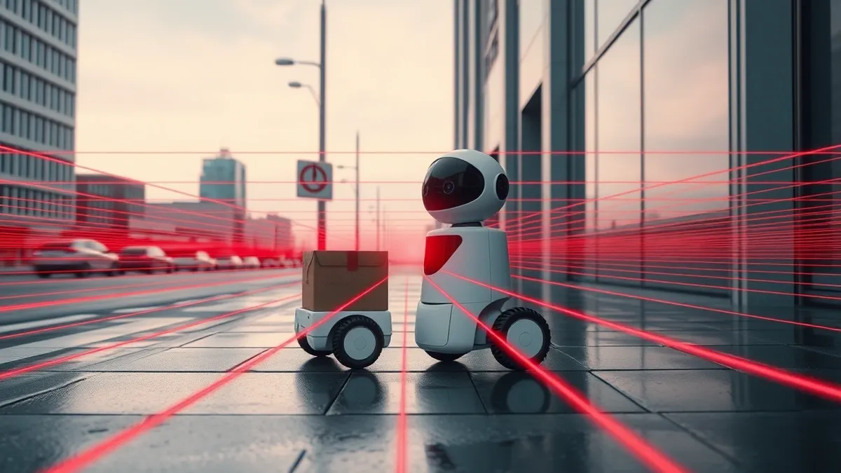 Illustration: A small wheeled delivery robot sits on a wet city sidewalk beside a cardboard package.