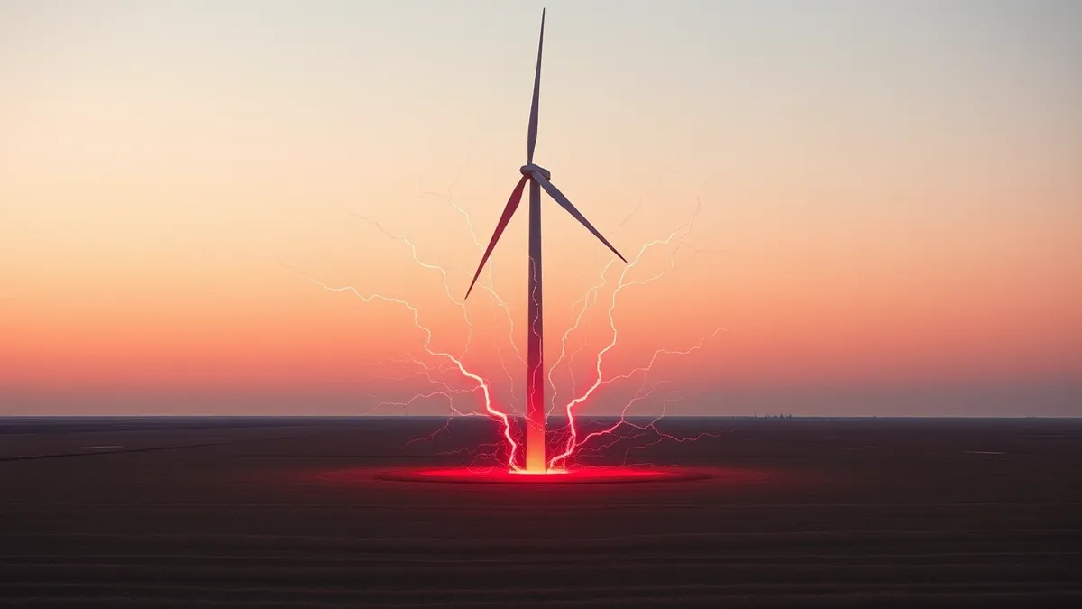 Illustration: A wind turbine stands in a vast field while a digital storm of jagged red lightning strikes its base.
