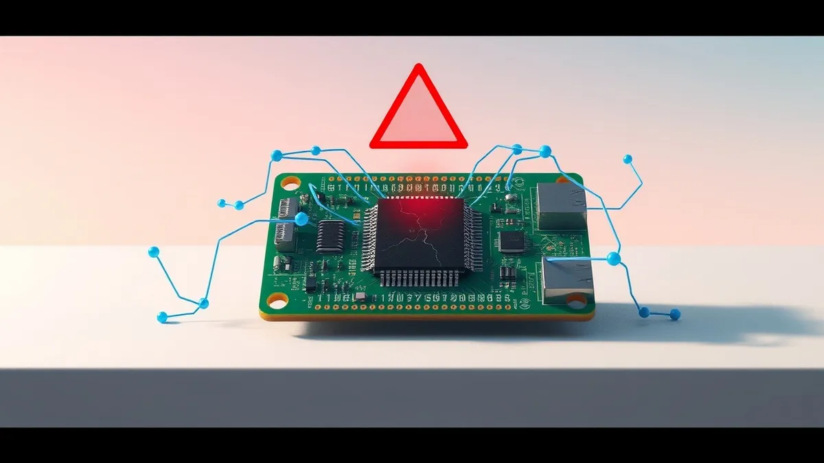 Illustration: A small green circuit board with a black microcontroller chip sits on a white surface.