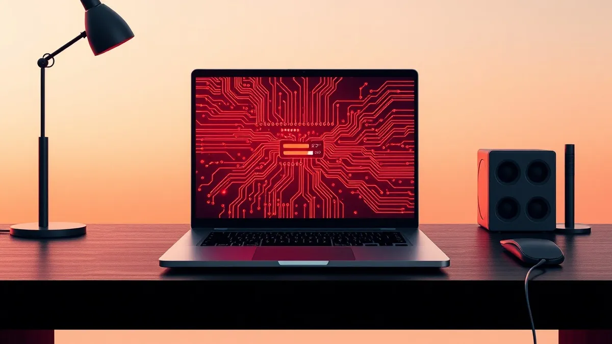 Illustration: A sleek silver laptop sits on a dark wooden desk, its screen displaying a complex web of glowing red and orange circuit lines.