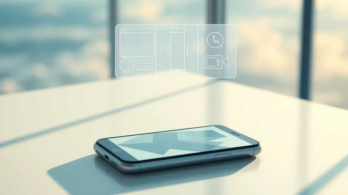 Illustration: A smartphone lies on a sleek table with a blank screen displaying abstract geometric shapes.