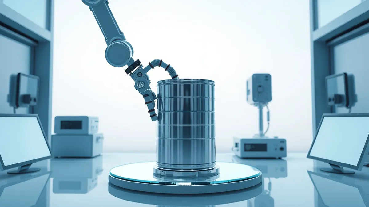Illustration: A robotic arm carefully places a cylindrical battery cell onto a glass platform inside a sterile laboratory.
