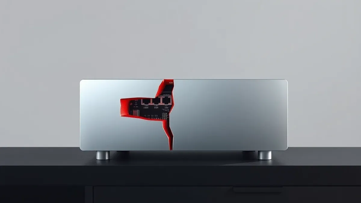 Illustration: A sleek silver network appliance sits on a dark desk.