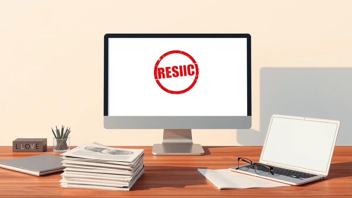 Illustration: A generic desktop computer monitor displays a blank screen with a single red rejection stamp.