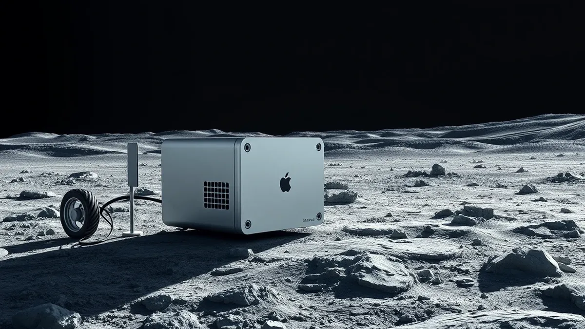 Illustration: A silver cube-shaped computer sits on a rocky gray lunar surface near a rover wheel.