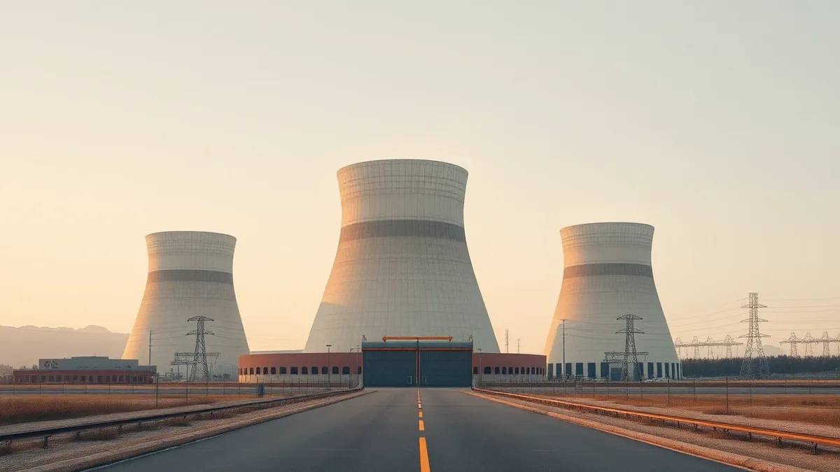 Illustration: Three dormant nuclear reactors sit in a quiet industrial landscape, their massive cooling towers rising against a pale sky.