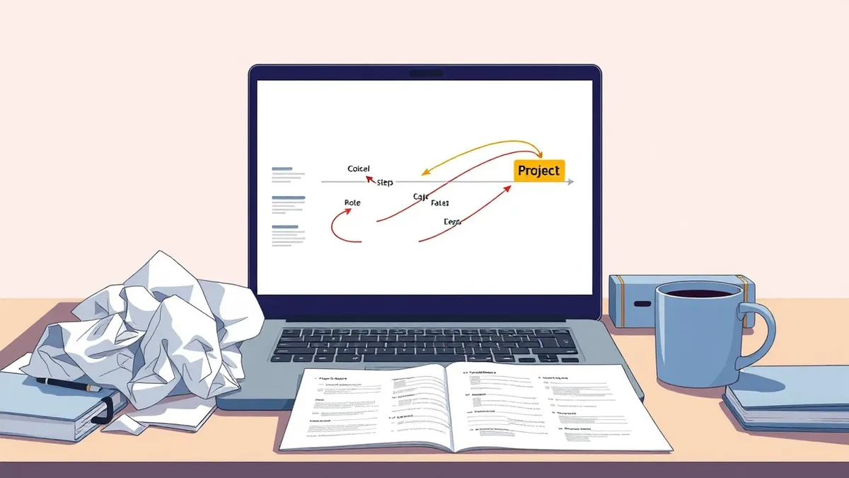 Illustration: An open laptop sits on a cluttered desk beside a crumpled paper roadmap and a half-empty coffee mug.