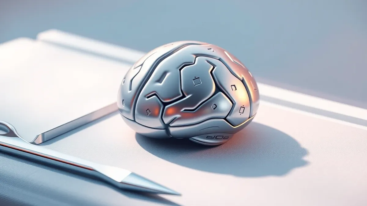 Illustration: A sleek, silver brain implant rests on a sterile surgical tray beside a polished stainless steel scalpel.