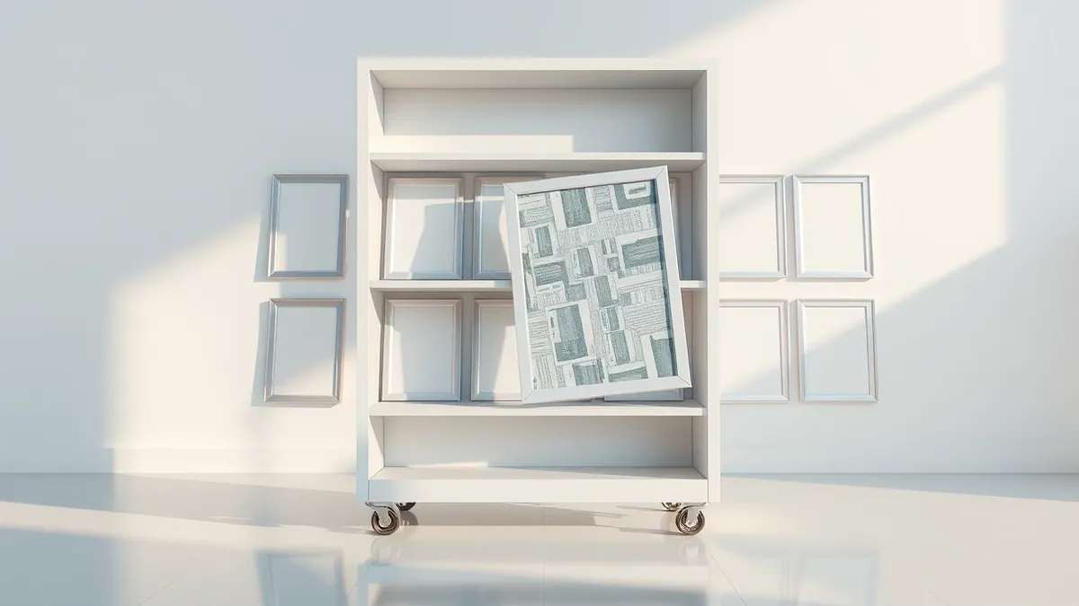 Illustration: A white wooden photo display cart sits on a polished floor, its open shelves holding blank silver picture frames.