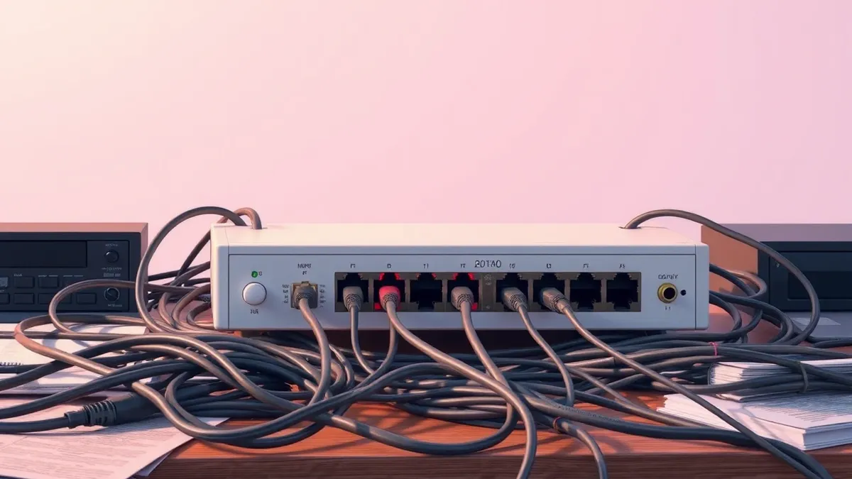 Illustration: A white network switch sits on a cluttered desk with tangled cables spilling from its ports.