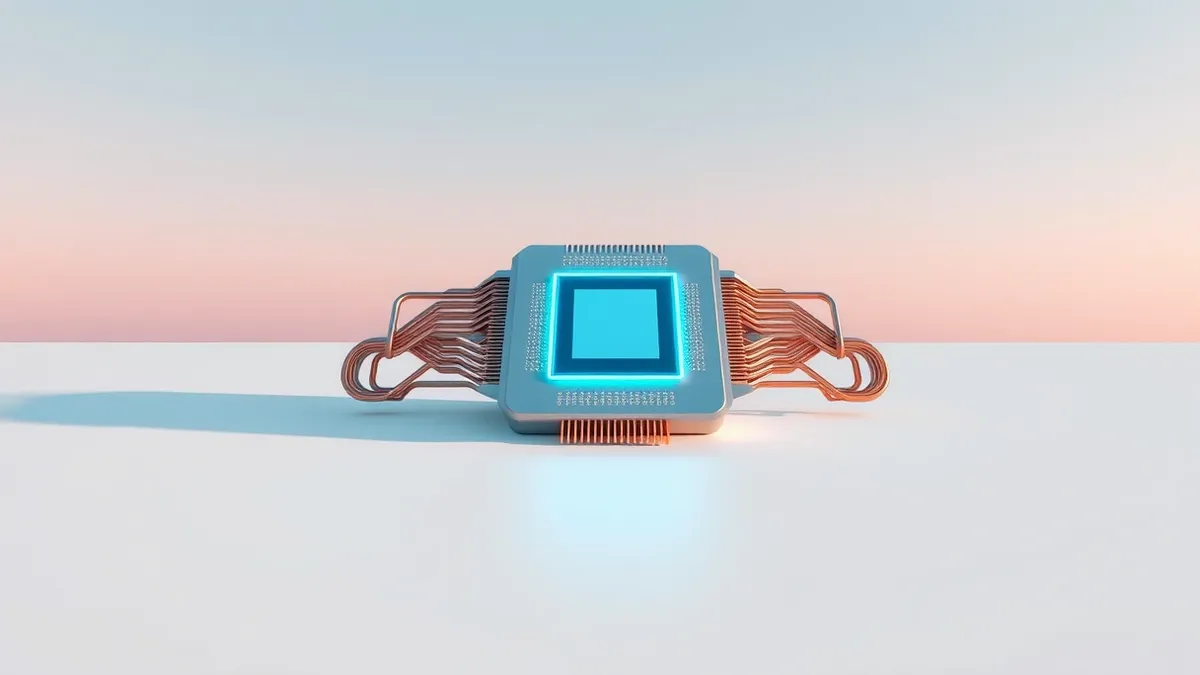 Illustration: A sleek silver quantum processor chip sits on a clean white surface, surrounded by intricate copper wiring and cooling tubes.