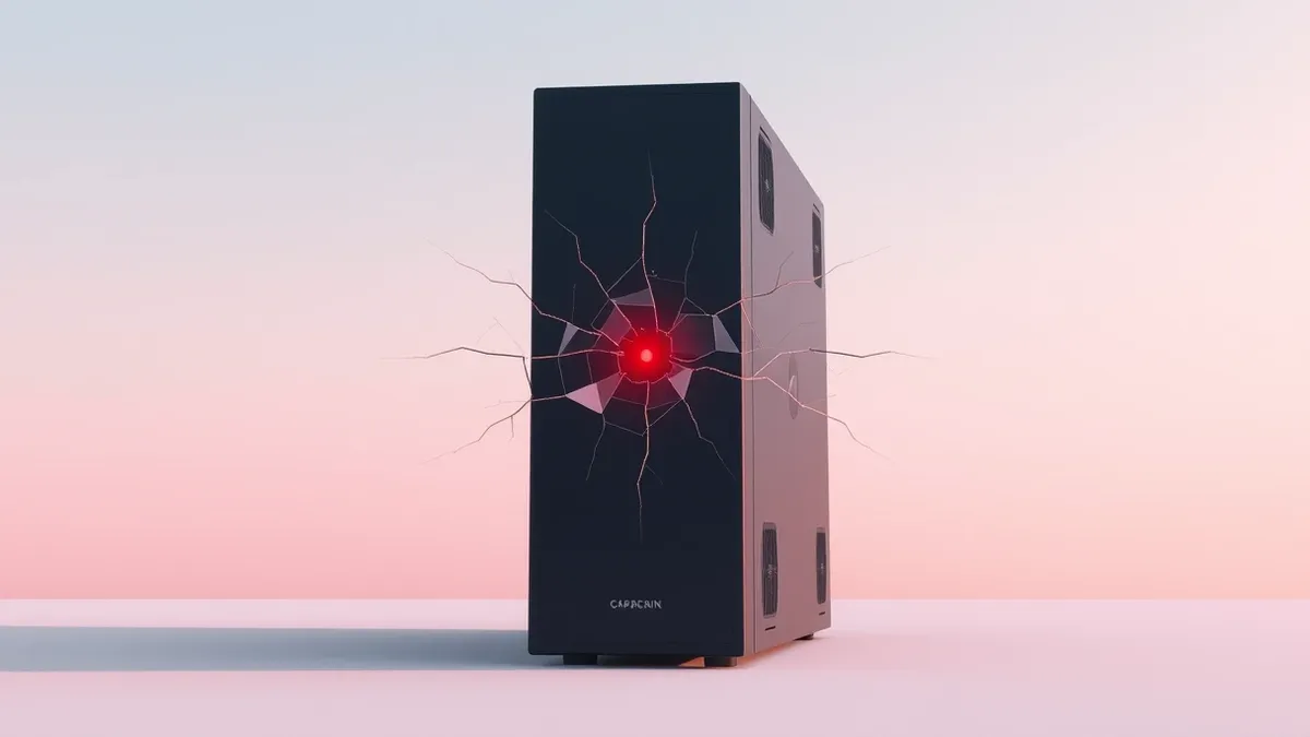 Illustration: A sleek, dark server tower sits isolated on a plain surface, its front panel featuring a single, bright red warning light.