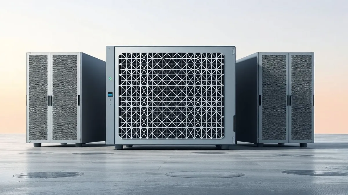 Illustration: A sleek, silver server unit sits isolated on a concrete floor.