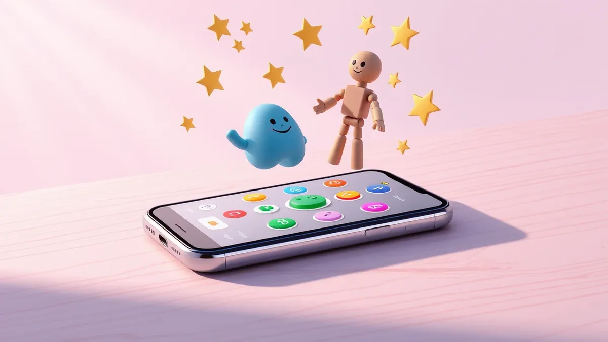 Illustration: A smartphone rests on a wooden table, its screen displaying colorful abstract game icons.
