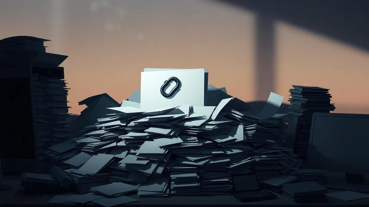 Illustration: A dark, cluttered digital workspace features a single open folder overflowing with blank white documents.