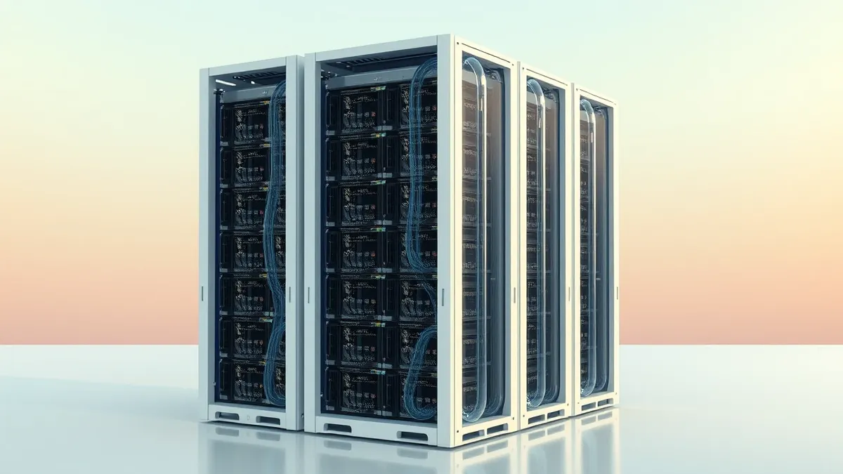 Illustration: A tall white server rack stands in a clean room, its front panels removed to reveal dense rows of black compute modules.