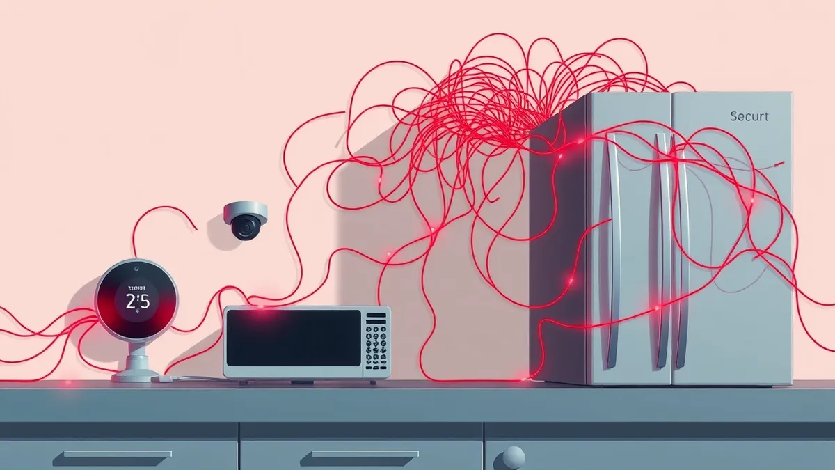 Illustration: A tangled web of glowing red threads connects a smart thermostat, a security camera, and a refrigerator on a kitchen counter.