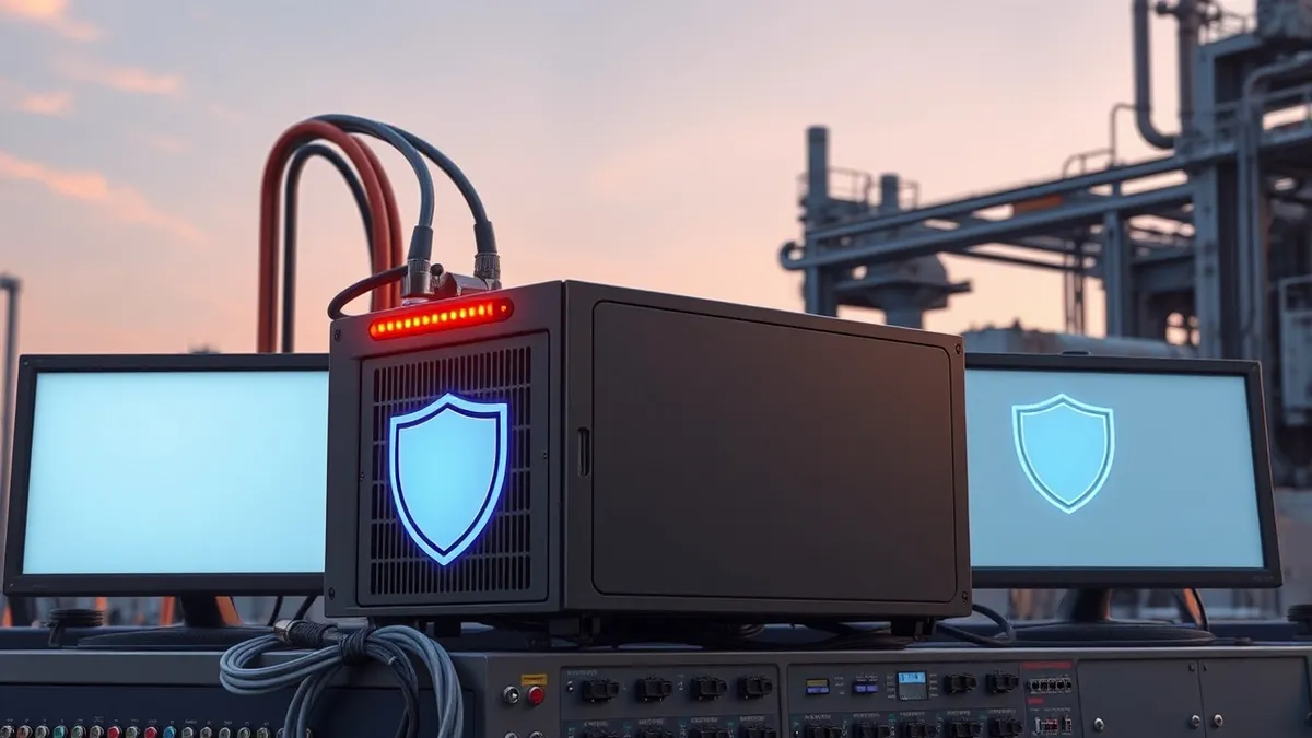 Illustration: A rugged industrial firewall sits on a factory control panel, its status lights glowing steadily.