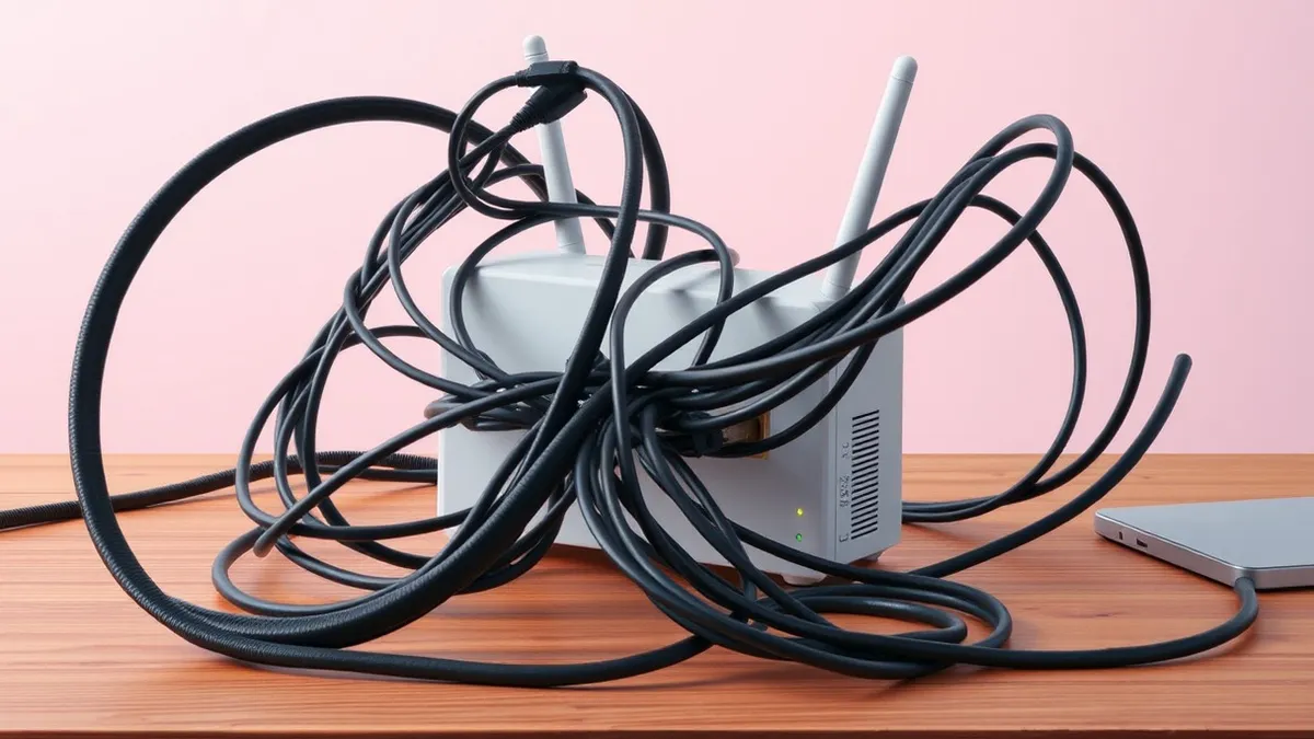Illustration: A tangled knot of black cables snakes across a wooden desk, weaving through the ports of a generic white router.