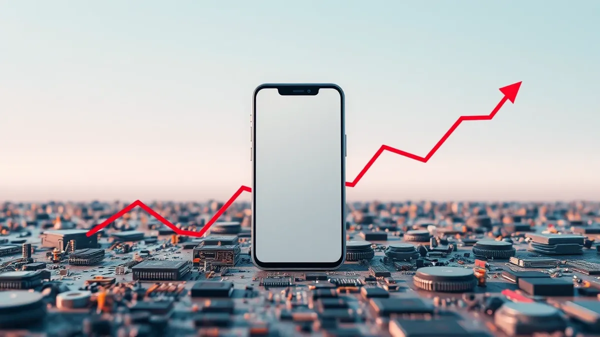 Illustration: A sleek, blank smartphone rests on a cluttered workbench surrounded by tiny electronic components and rising red trend lines.