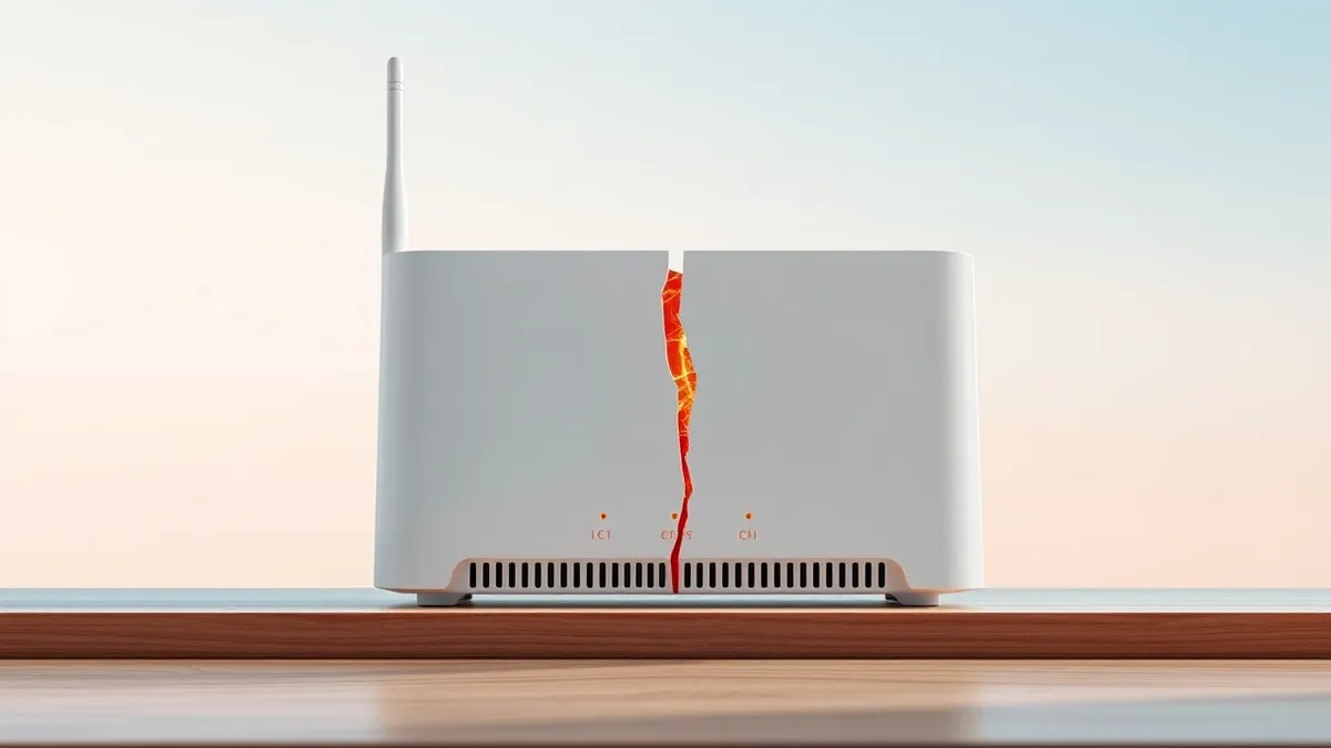 Illustration: A white desktop wireless router sits on a wooden desk, its single antenna angled slightly backward.