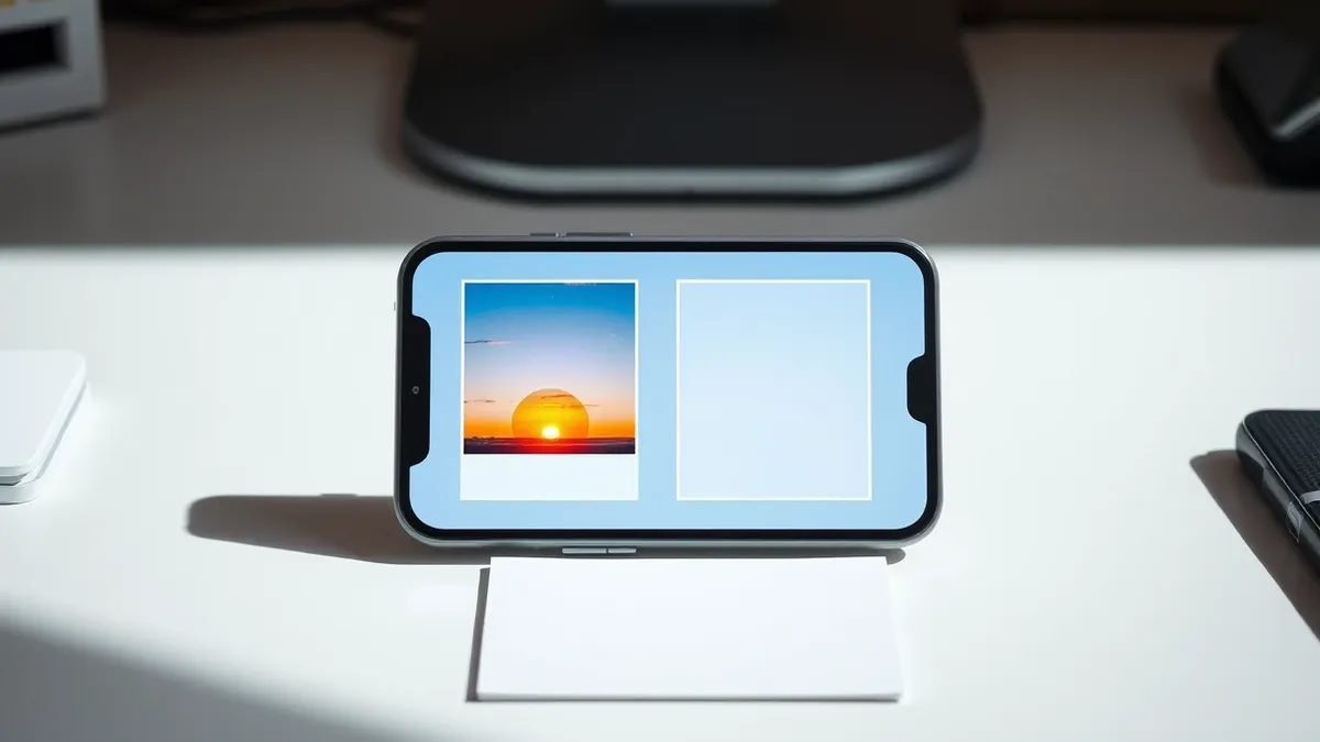 Illustration: A smartphone rests on a desk, displaying a clean interface with two large image thumbnails.
