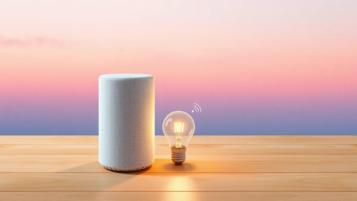 Illustration: A white cylindrical smart speaker sits on a wooden table next to a glowing smart light bulb.