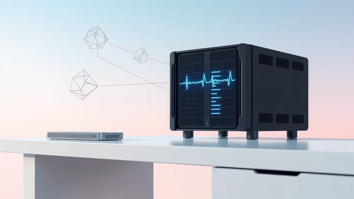 Illustration: A sleek black server node sits on a clean white desk, its front panel displaying soft pulsing blue lights that mimic steady heartbeats.